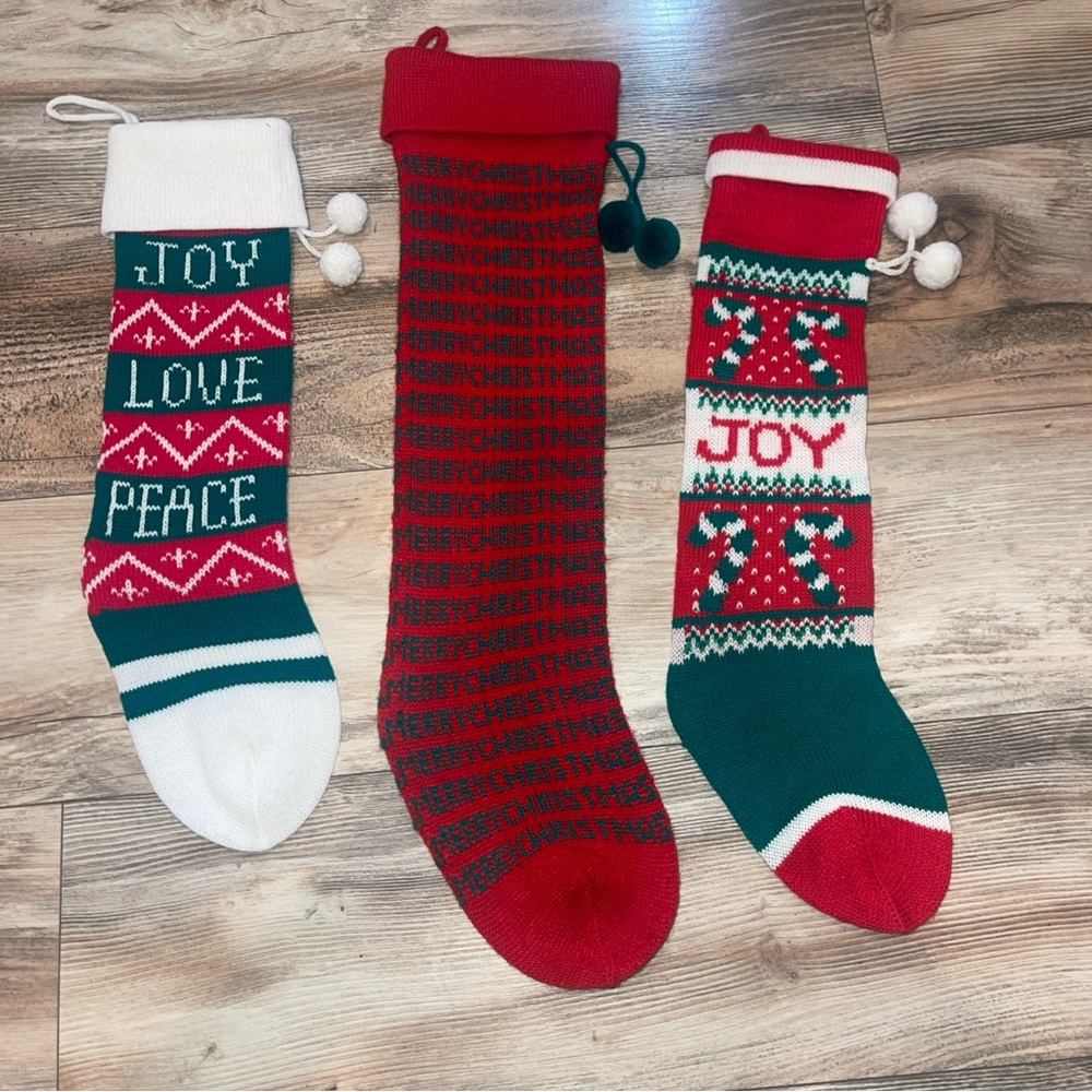 3x Vintage Knit Christmas Stockings Love Joy Merry Christmas Lot 80’s